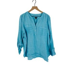 Talbots Aqua Blue 100% Linen Roll Tab Sleeve Button Front Tunic Size XL Coastal